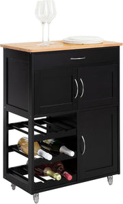 Black Kitchen Island Cart 67cm Wine Rack Wheels