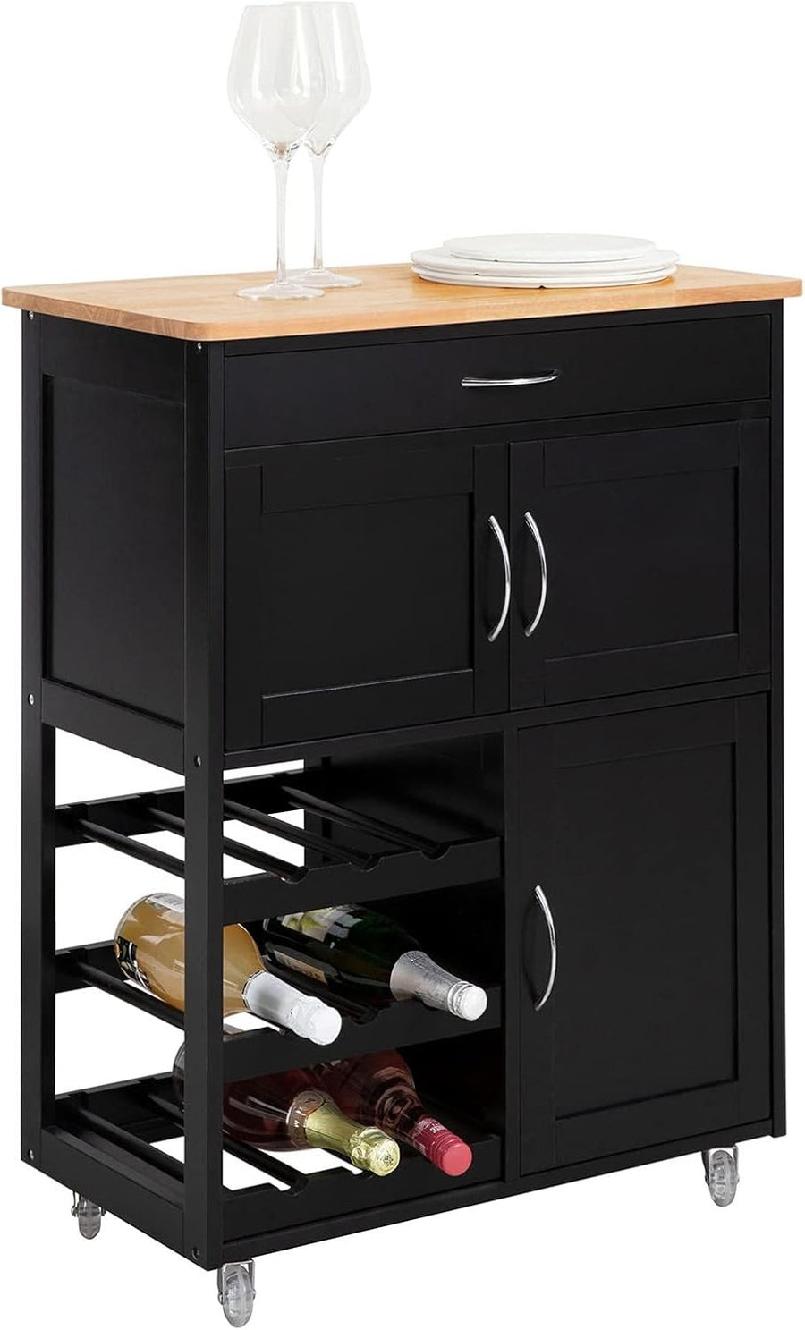 Black Kitchen Island Cart 67cm Wine Rack Wheels