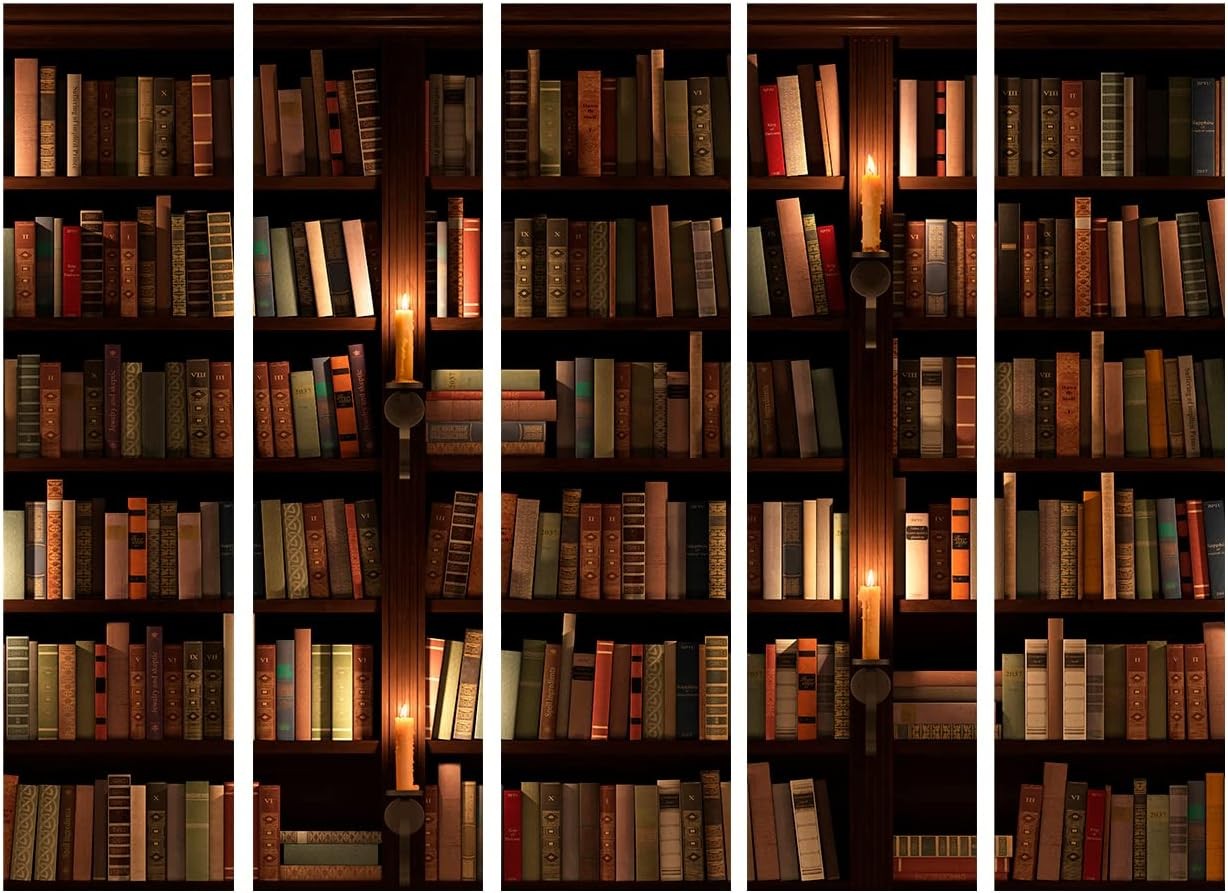 Large Library Print Folding Room Divider – 5 Panel Double-Sided Screen