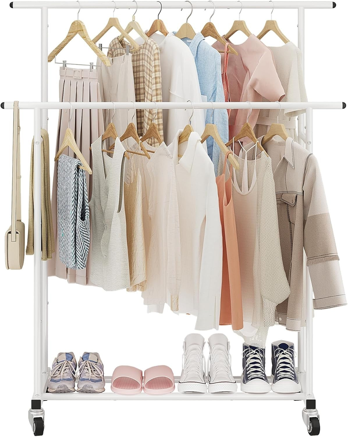 White Double Rod Clothes Rack with Wheels & Storage Shelf