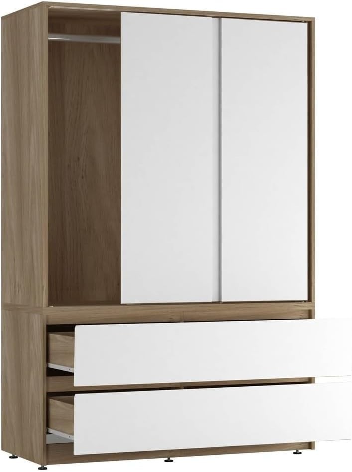 Sliding Door Wardrobe with Drawers Hanging Rail Storage Oak White