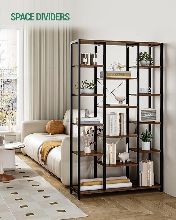 Tall 6 Tier Industrial Bookcase Rustic Brown Black Metal Shelves 15 Cube Storage
