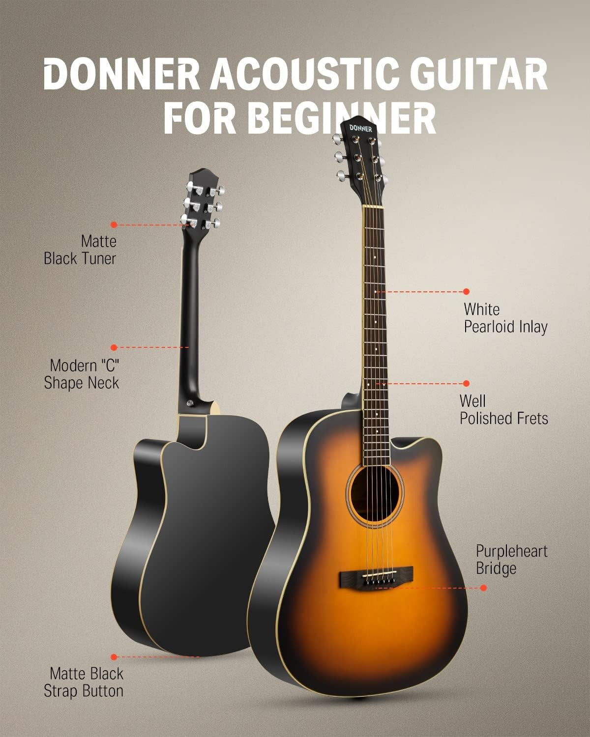 Full Size 4/4 Cutaway Acoustic Guitar Starter Kit w/ Bag Tuner