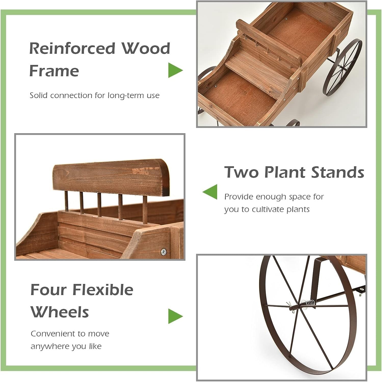 4-Wheel Wooden Garden Wagon & Brown Planter Cart w/ Handle for Outdoor Plants