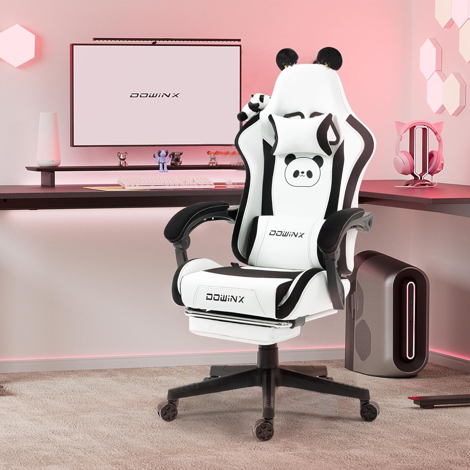 Cute Panda Ear Gaming Chair Massage Lumbar Footrest 290lbs