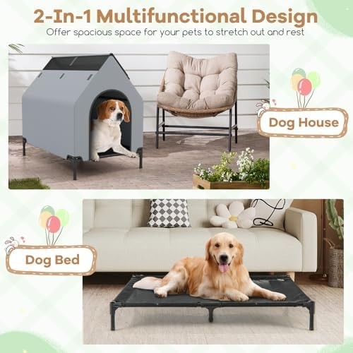Outdoor Elevated Dog House with Canopy, 2 Top Windows & Breathable Bed