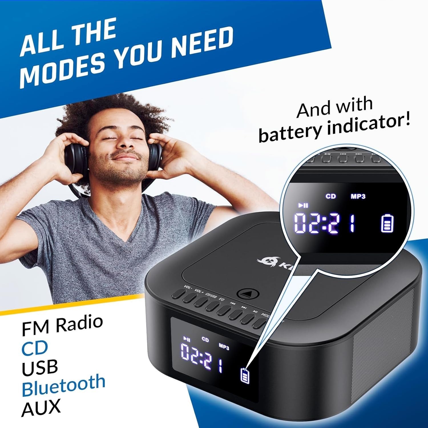 Portable CD Boombox Bluetooth Subwoofer FM Radio USB AUX Rechargeable
