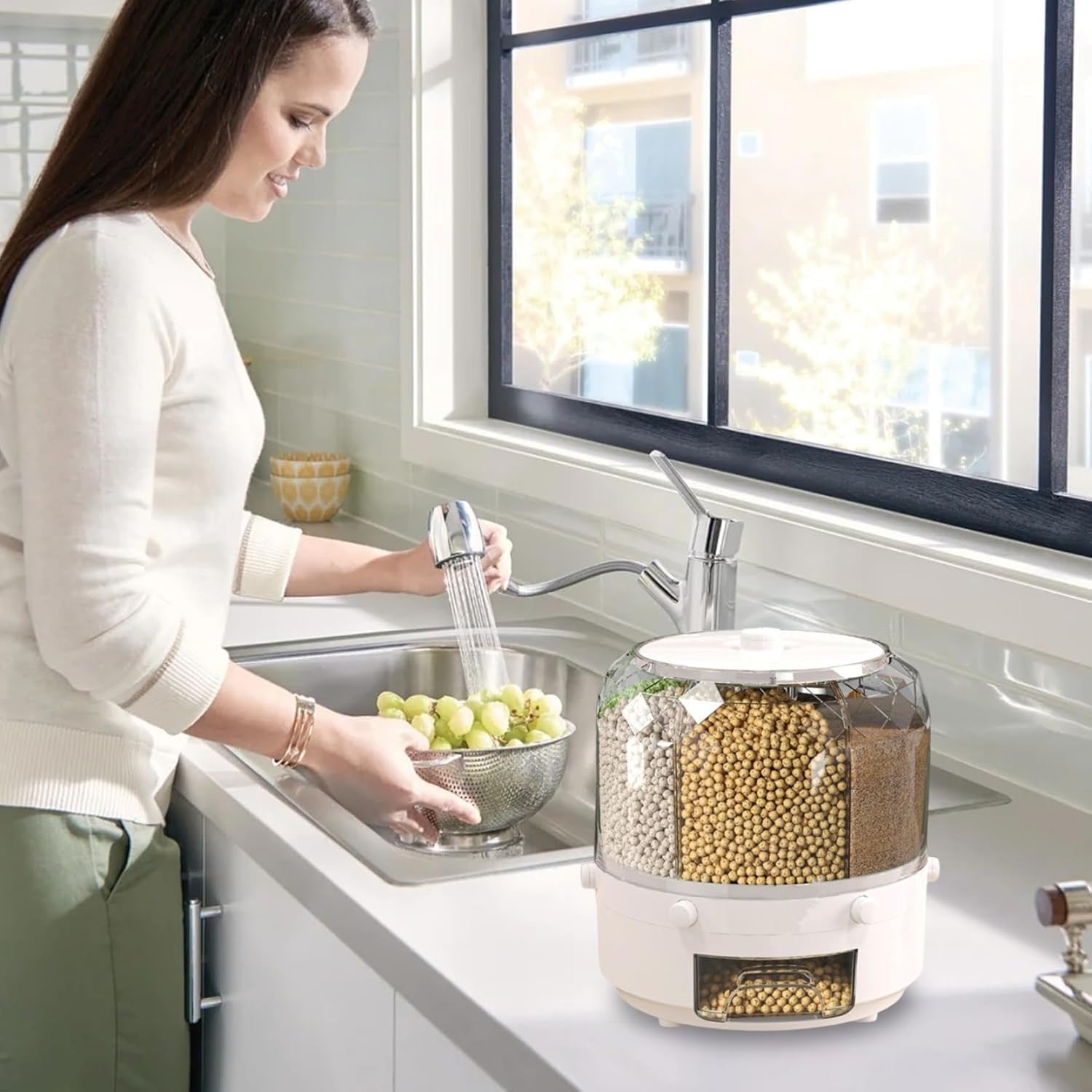 360° Rotating Cereal Dispenser 6 Grid Grain Storage Container Bin
