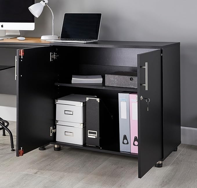 Black Storage Cabinet 75CM Tall Metal Cupboard with Lockable Doors