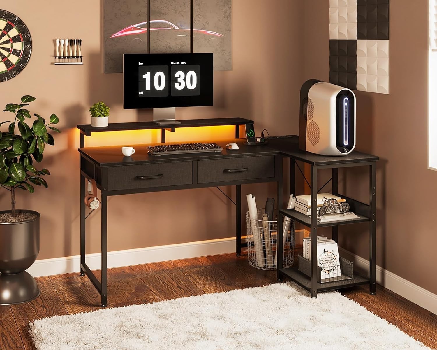 L Shaped 40" Gaming Desk w/ Drawers, Shelves & USB Ports|Home Office Table