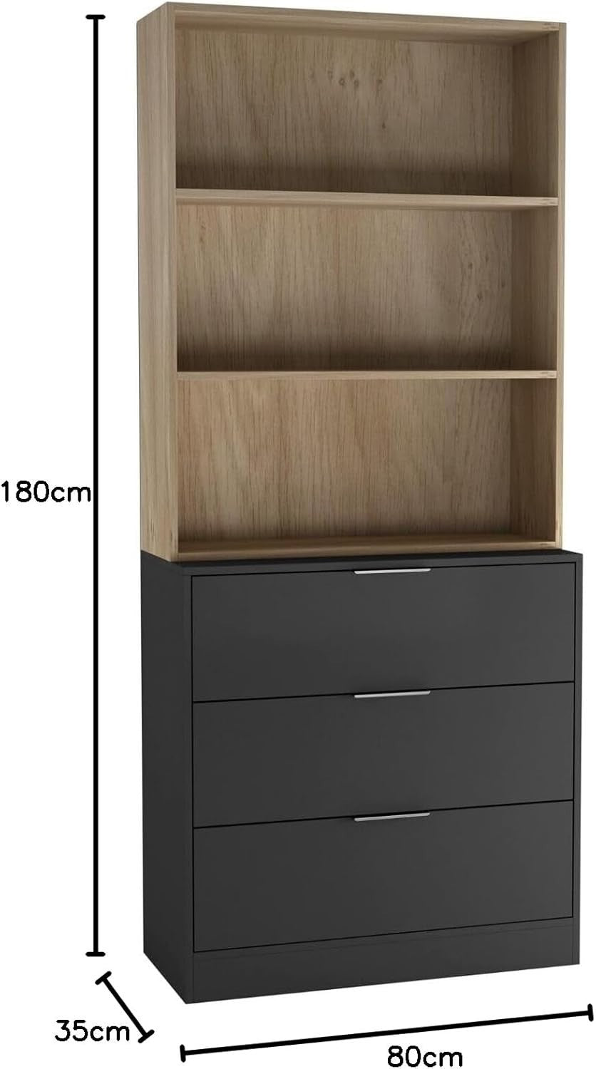 80cm Black Drawer Wooden Storage Cabinet with Oak Bookcase Shelving