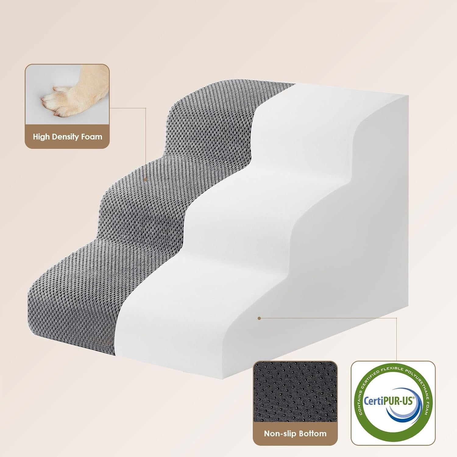 3 Step Dog Stairs for Bed Sofa Non Slip Foam Pet Steps Washable Grey