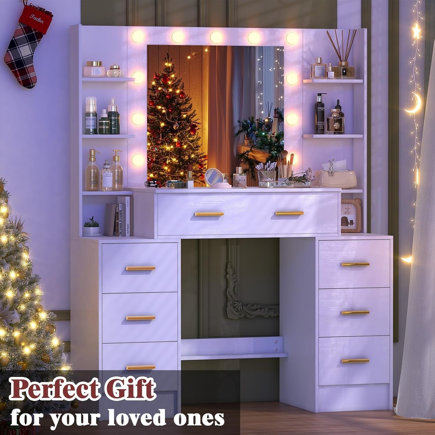 Modern Vanity Desk w/Lighted Hollywood Mirror 8-Drawer Makeup Table White