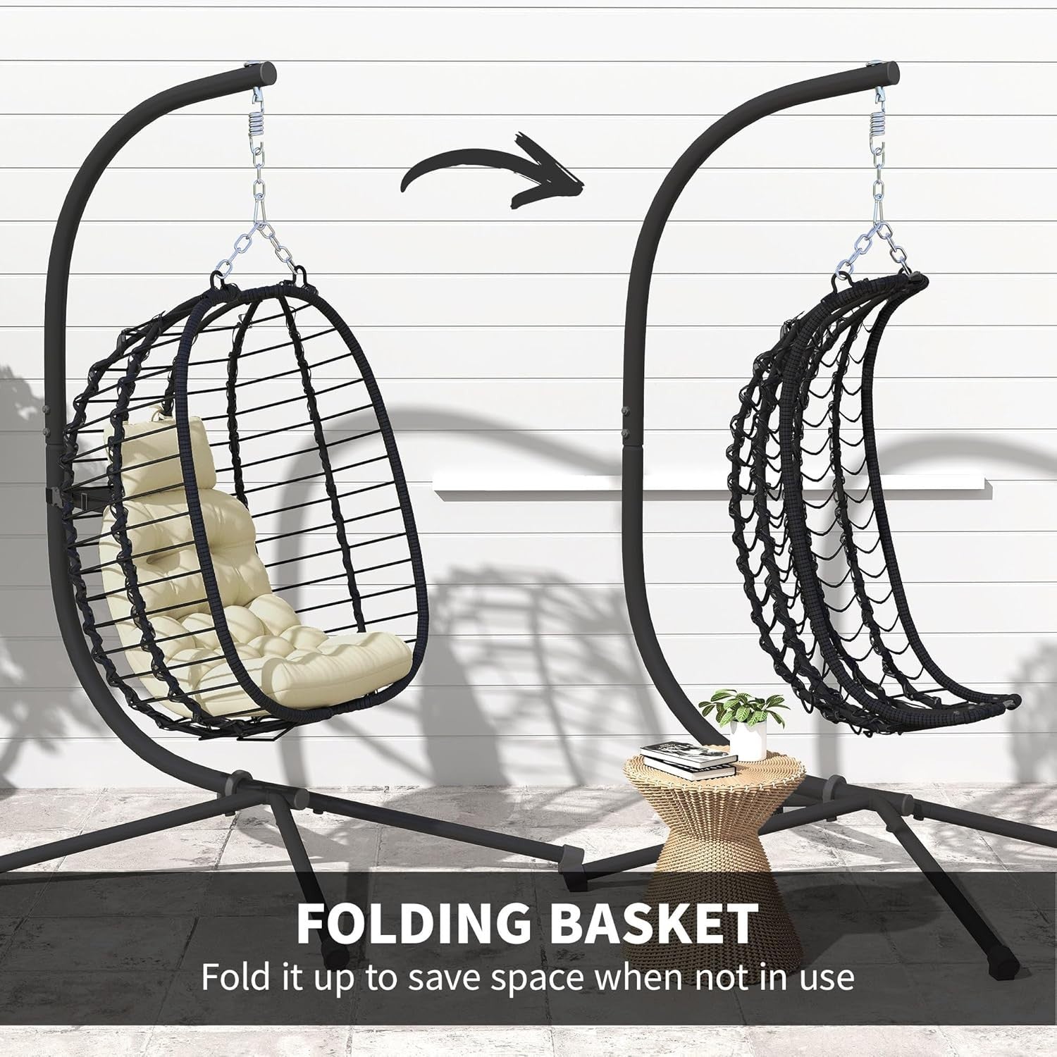 Hanging Egg Chair with Stand Cushioned Foldable Garden Swing Seat
