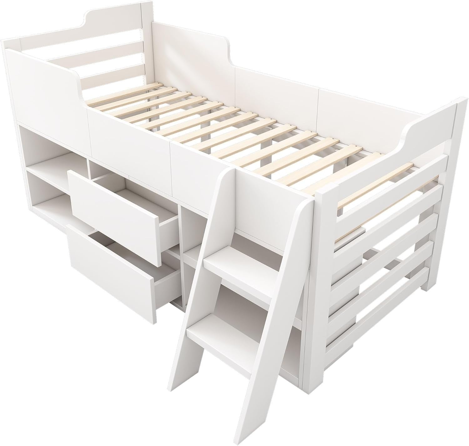 Kids White Cabin Bed with Storage Drawers Shelves | 3FT Single 190x90cm