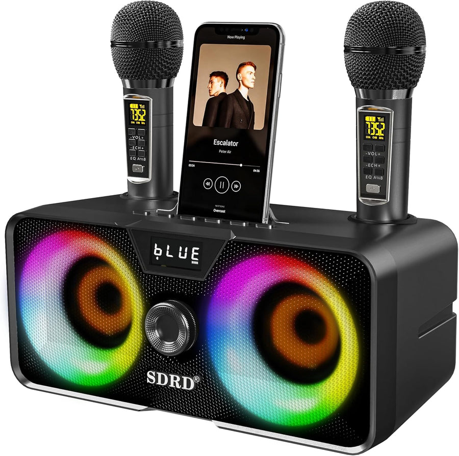 Karaoke Machine with 2 UHF Wireless Mics Bluetooth PA LED