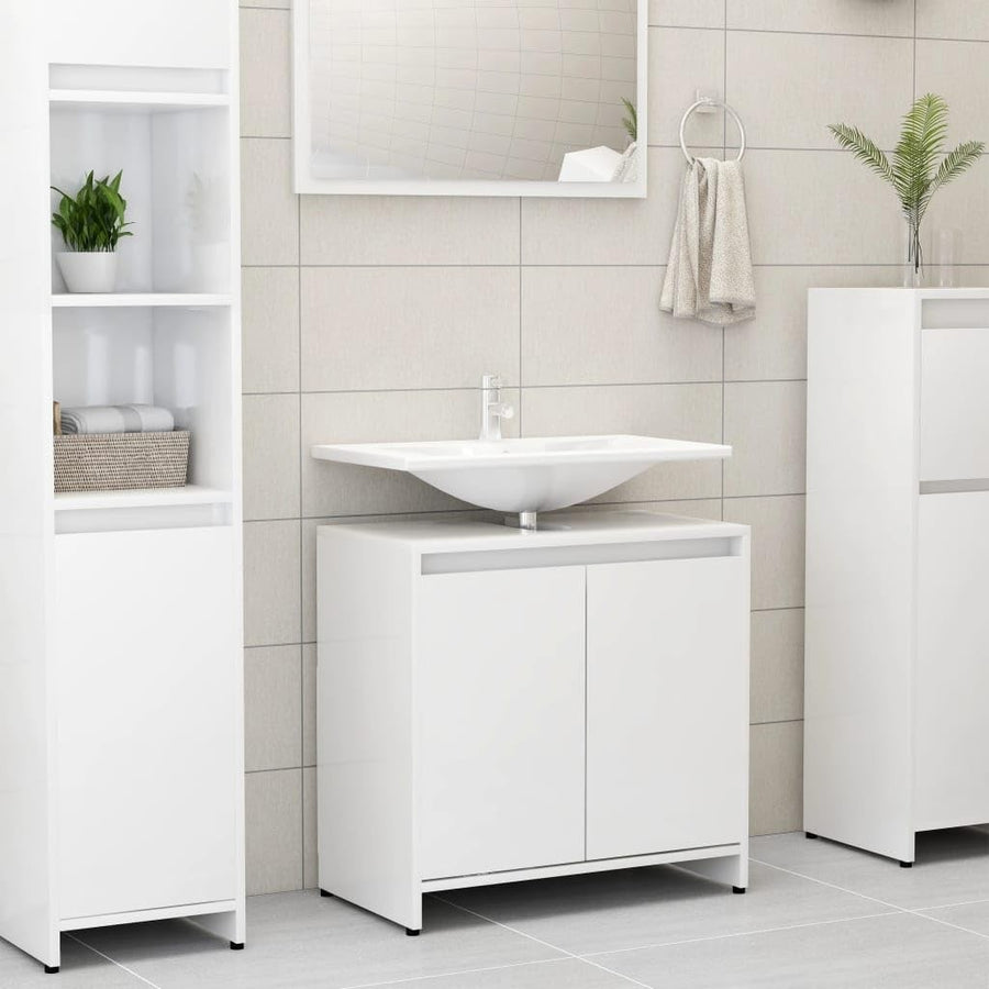 White Gloss Bathroom Sink Cabinet – 2 Door Under Sink Storage Unit 60x61cm