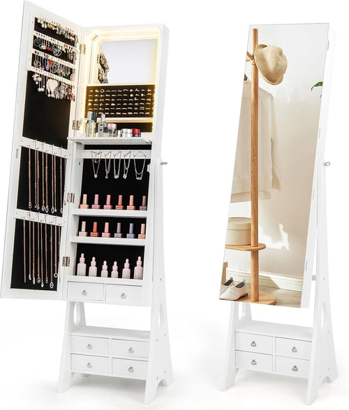 LED Jewelry Cabinet Full Length Mirror Freestanding Organizer with Drawers