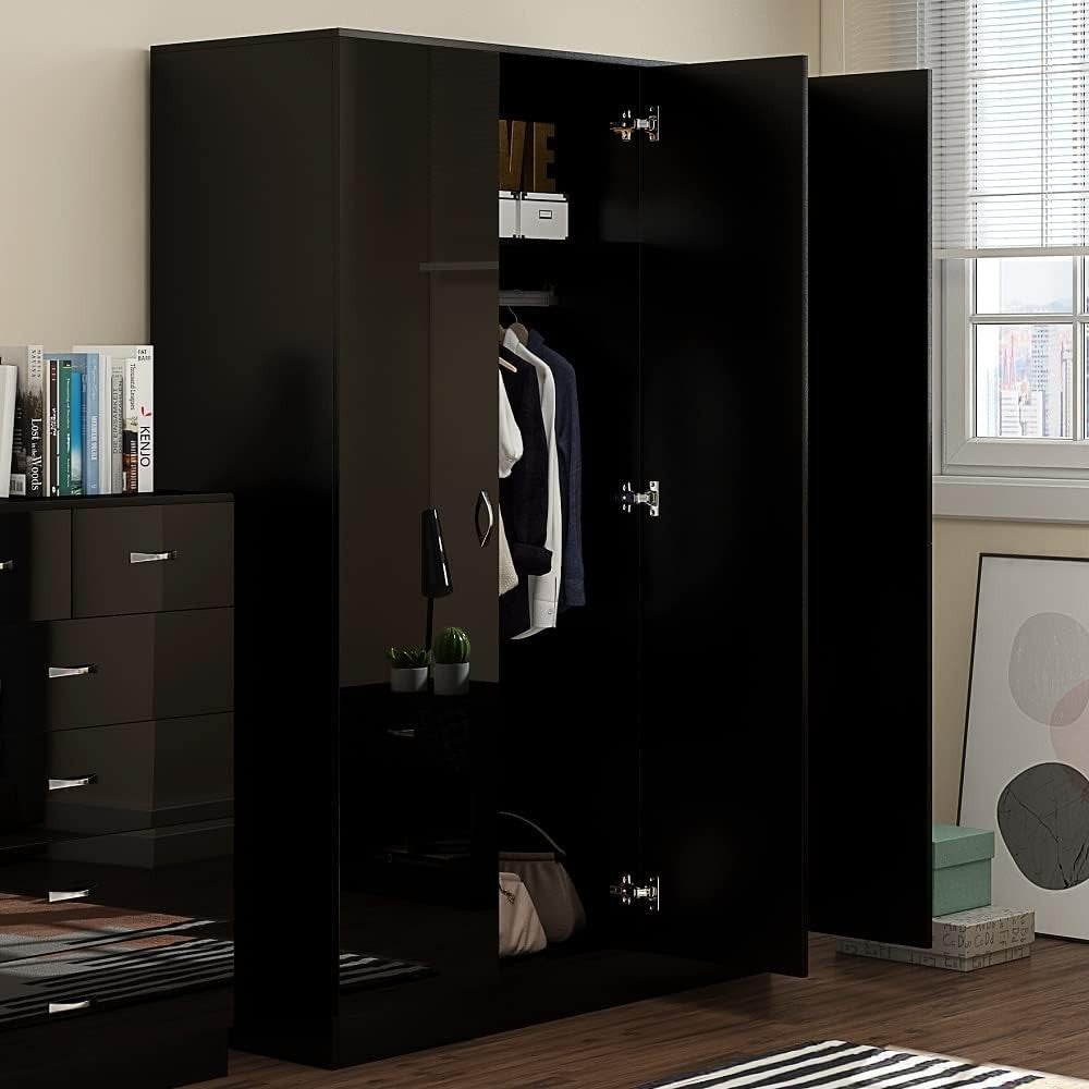 Black Gloss 3-Door Mirrored Wardrobe with Hanging Rails & Adjustable Shelves