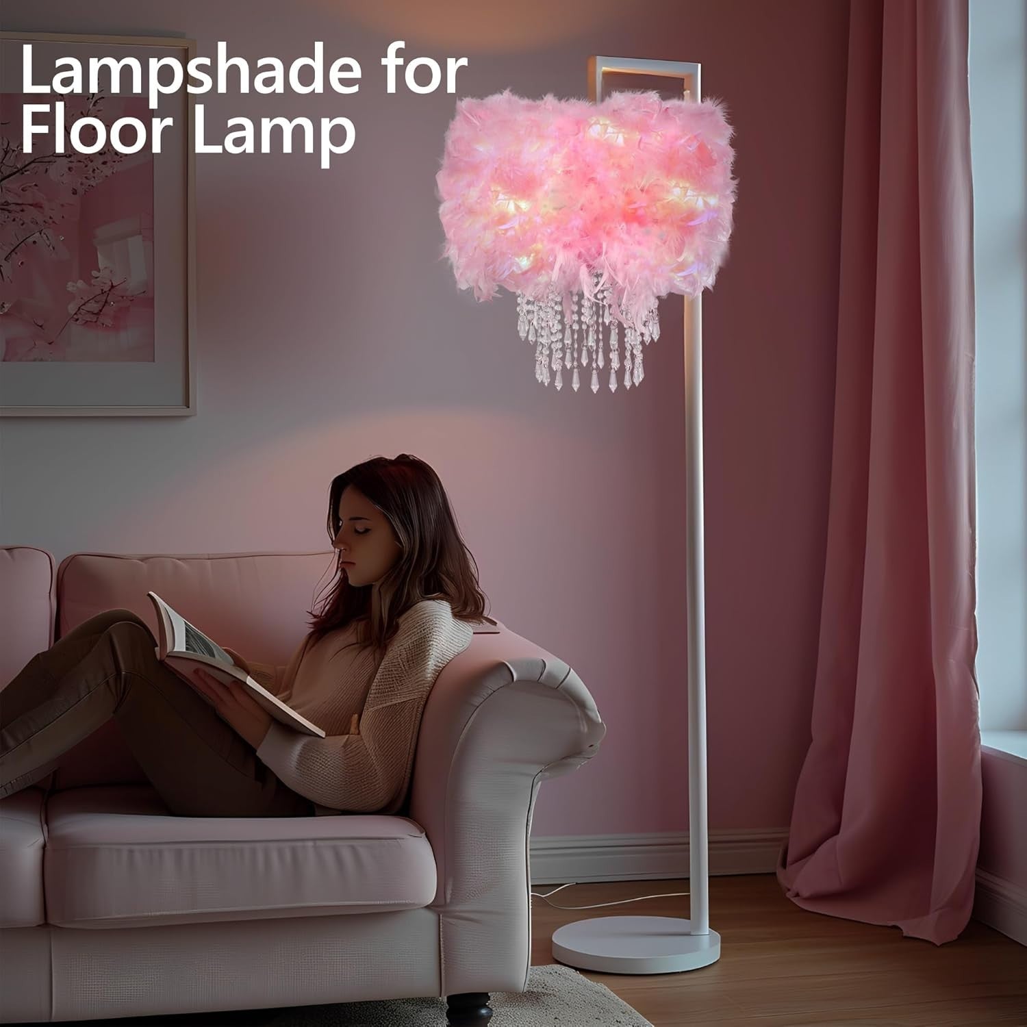 Pink Feather Lampshade Acrylic Beads Drum Ceiling Pendant Table Light
