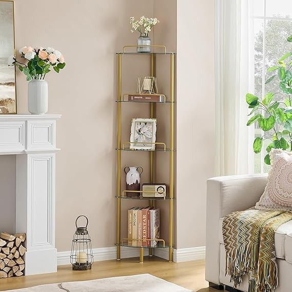 Gold Corner Shelf Unit – 5-Tier Glass Display Stand for Living Room & Bedroom