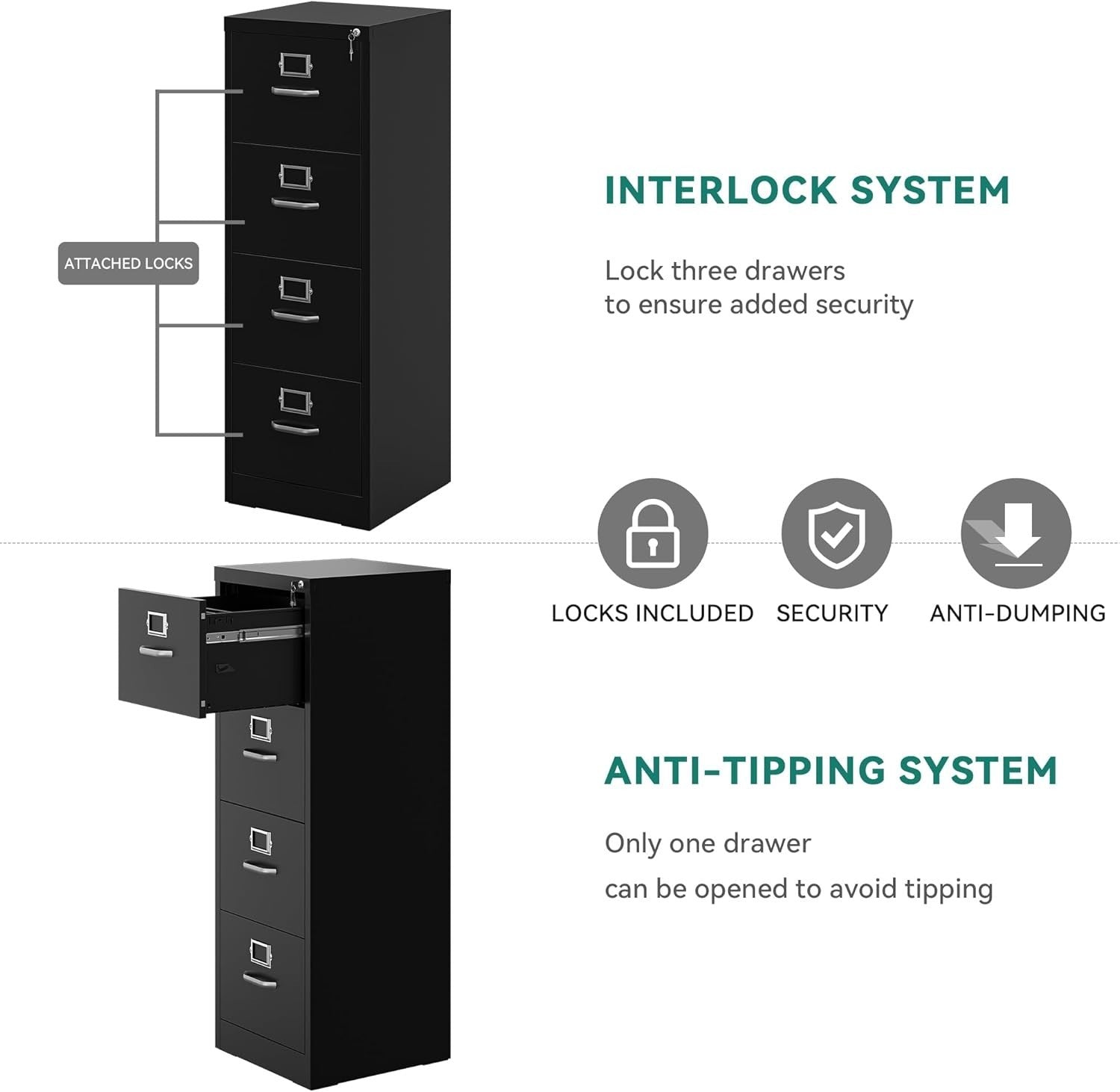 Black 4 Drawer Locking Filing Cabinet Steel A4 Legal Vertical Storage Safe