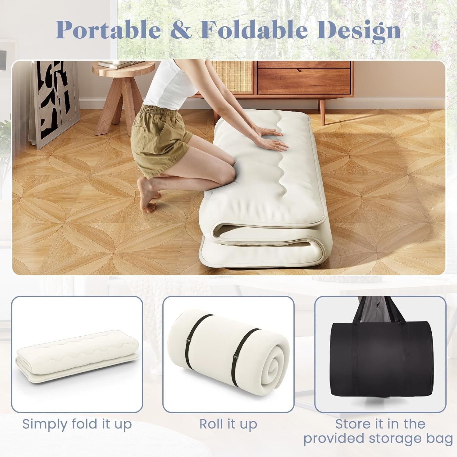 10cm Thick Japanese Futon Mattress King Size Washable Cover Tatami Beige