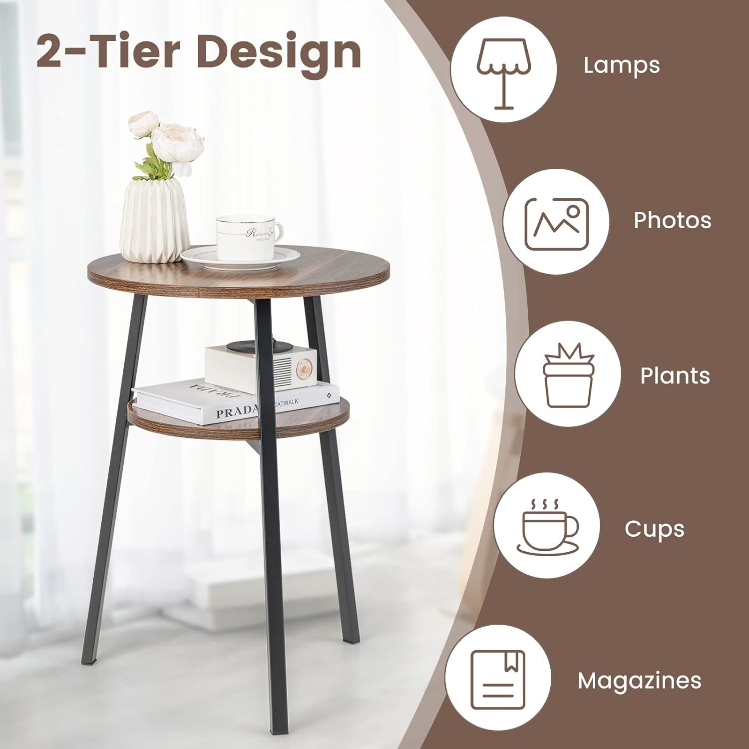 Round Industrial Side Table with Storage Shelf, Slim 2-Tier Coffee Nightstand