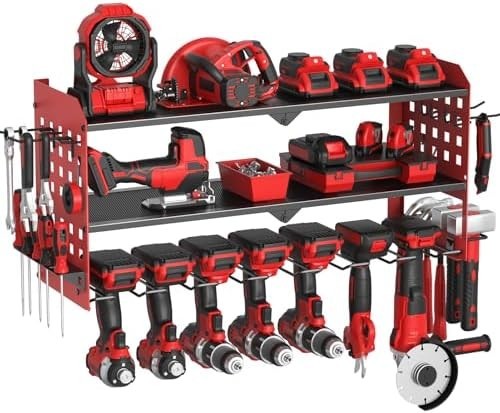 Wall Mounted Power Tool Organizer 3 Tier 7 Drill Rack Red