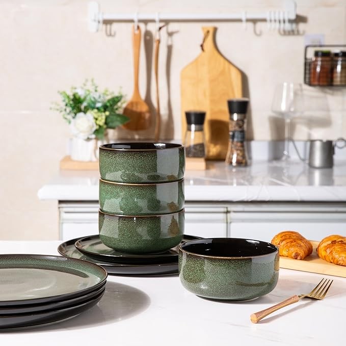 24pc Stoneware Dinner Set for 8 Jade Green Plates Bowls Microwave Safe