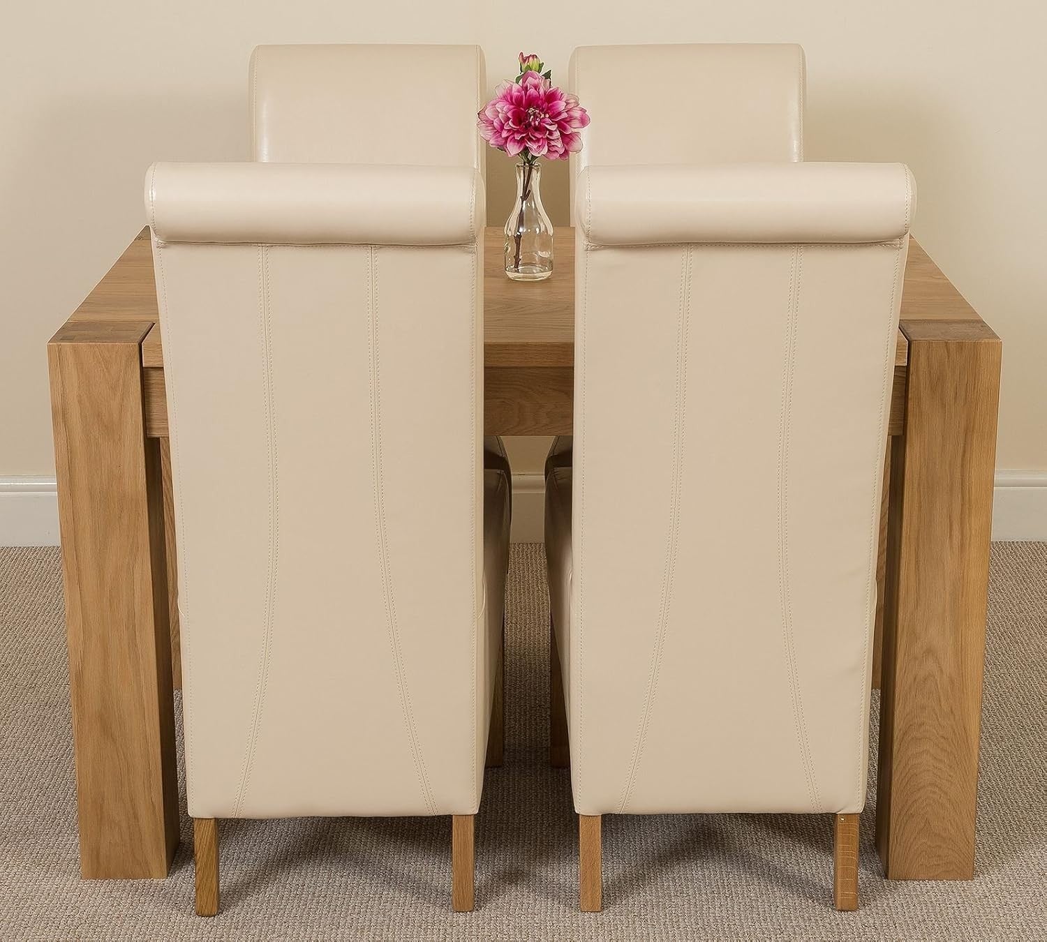 125x80cm Oak Small Dining Table & 4 Ivory Leather Chairs - Compact Set