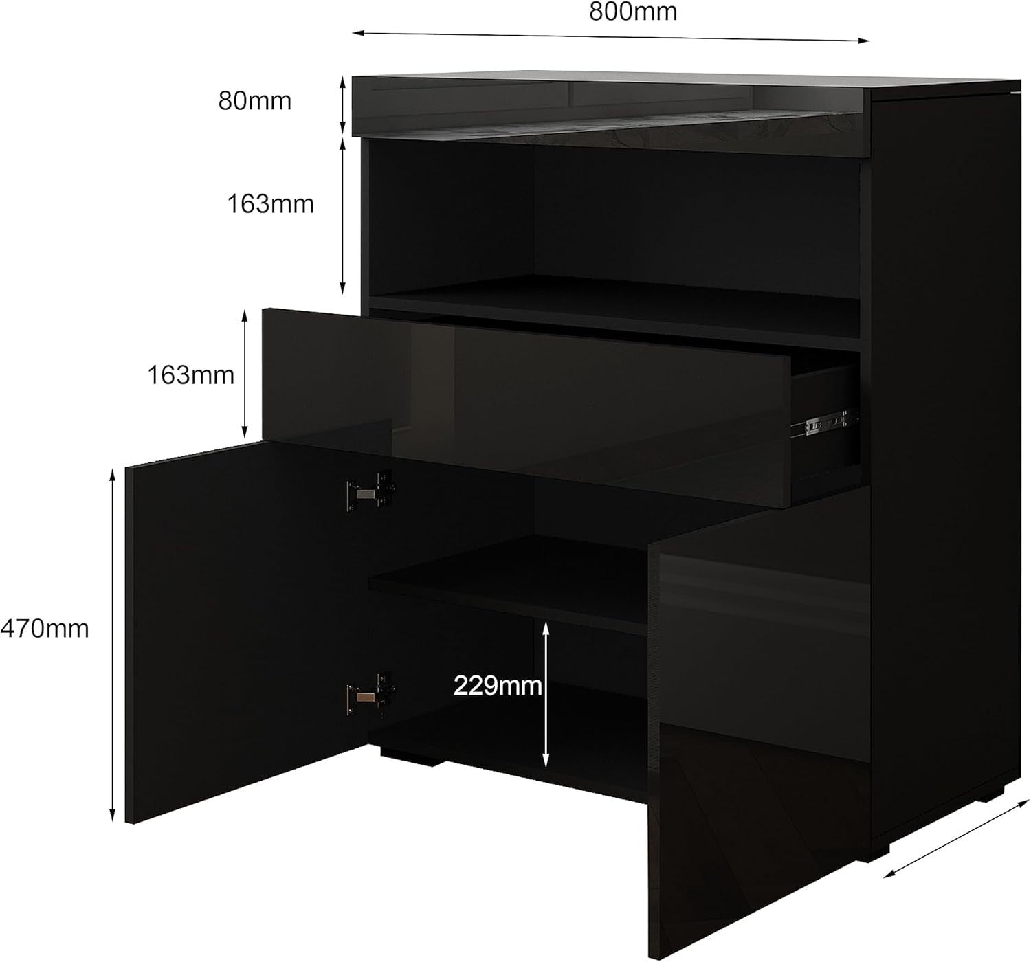 Black High Gloss Sideboard Cabinet with LED Lights, Storage & Lockable Doors