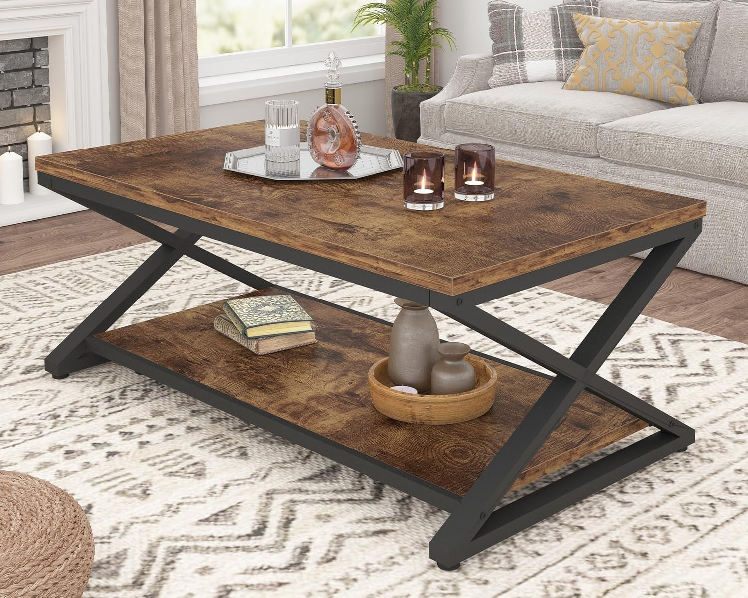 Rustic Wood Coffee Table with Storage Shelf – Modern Farmhouse 39" Rectangular