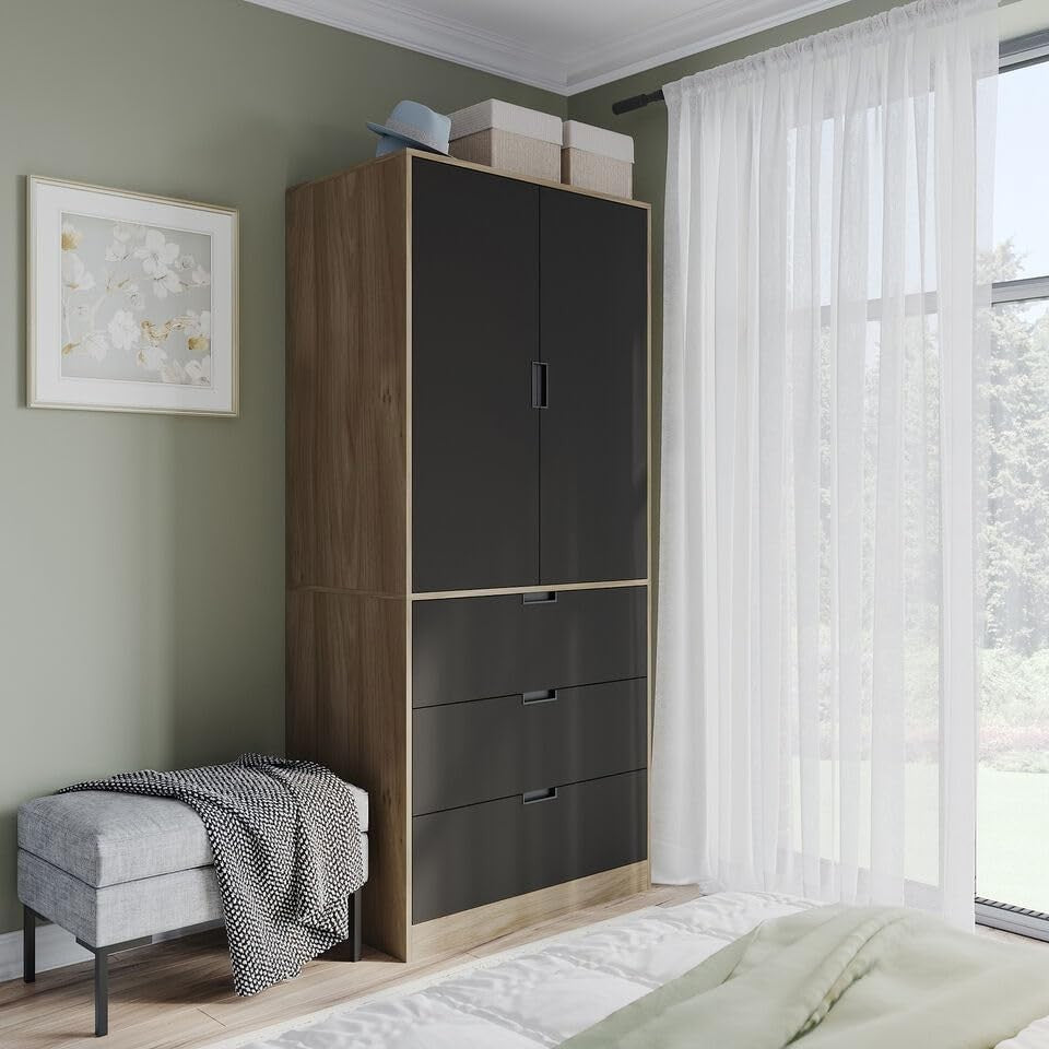 Modern 2 Door Wardrobe with 3 Drawers - Oak Bedroom Storage Organizer Unit