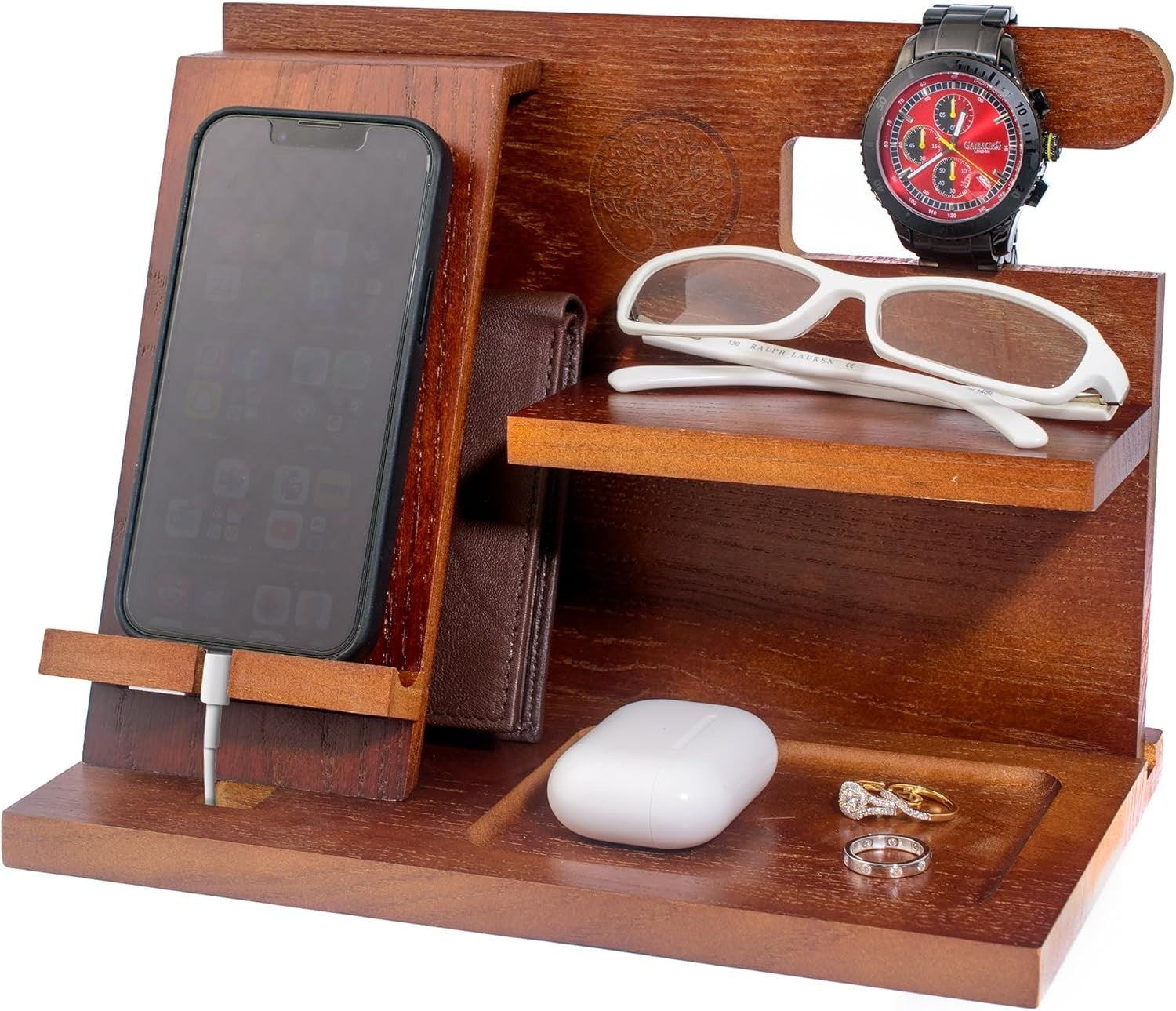 Wooden Desk Organizer & Phone Docking Station for Men – Bedside Caddy