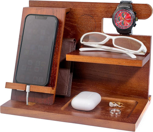 Wooden Desk Organizer & Phone Docking Station for Men – Bedside Caddy