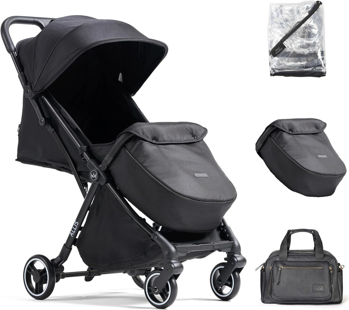 Automatic-Folding Baby Stroller Black with Footmuff Raincover & Changing Bag