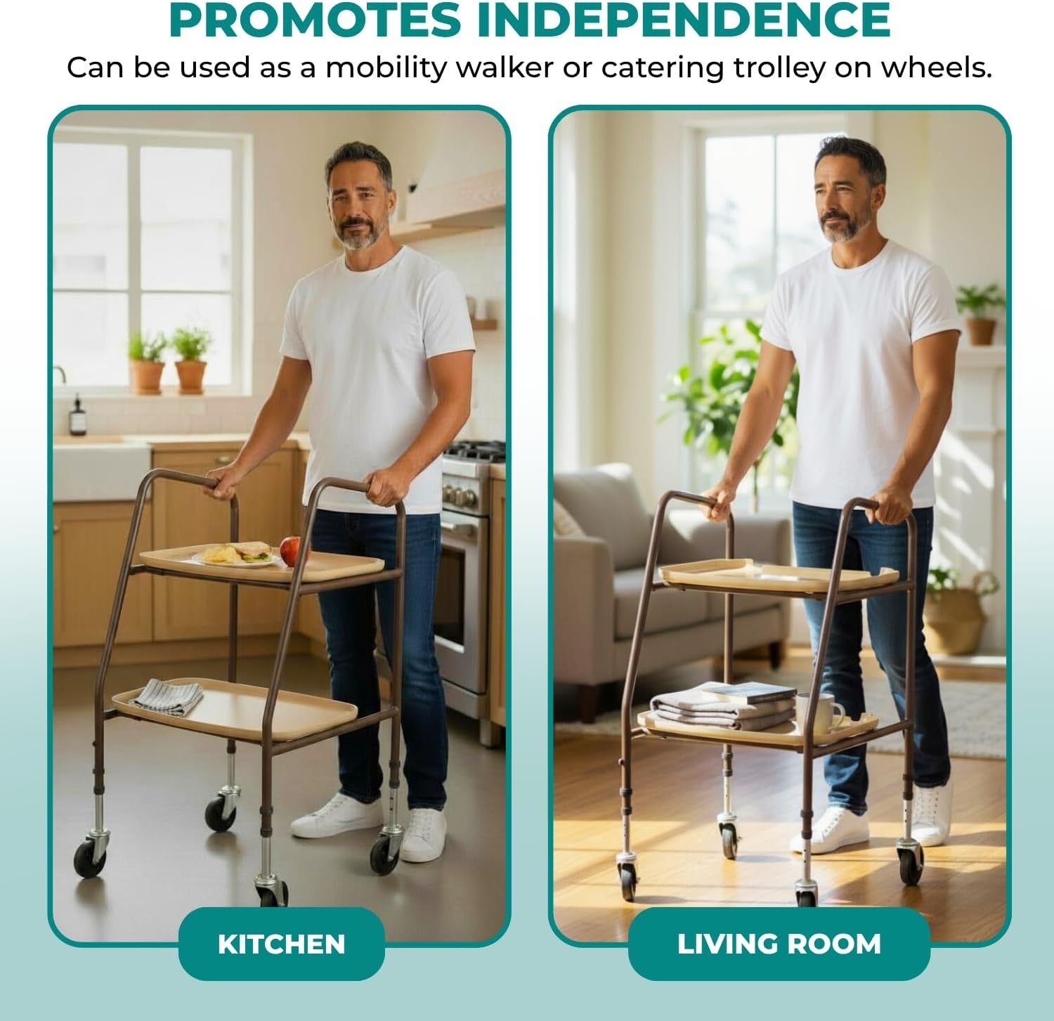 Home Helper Mobility Trolley with Wheels Height Adjustable Walking Aid Trays