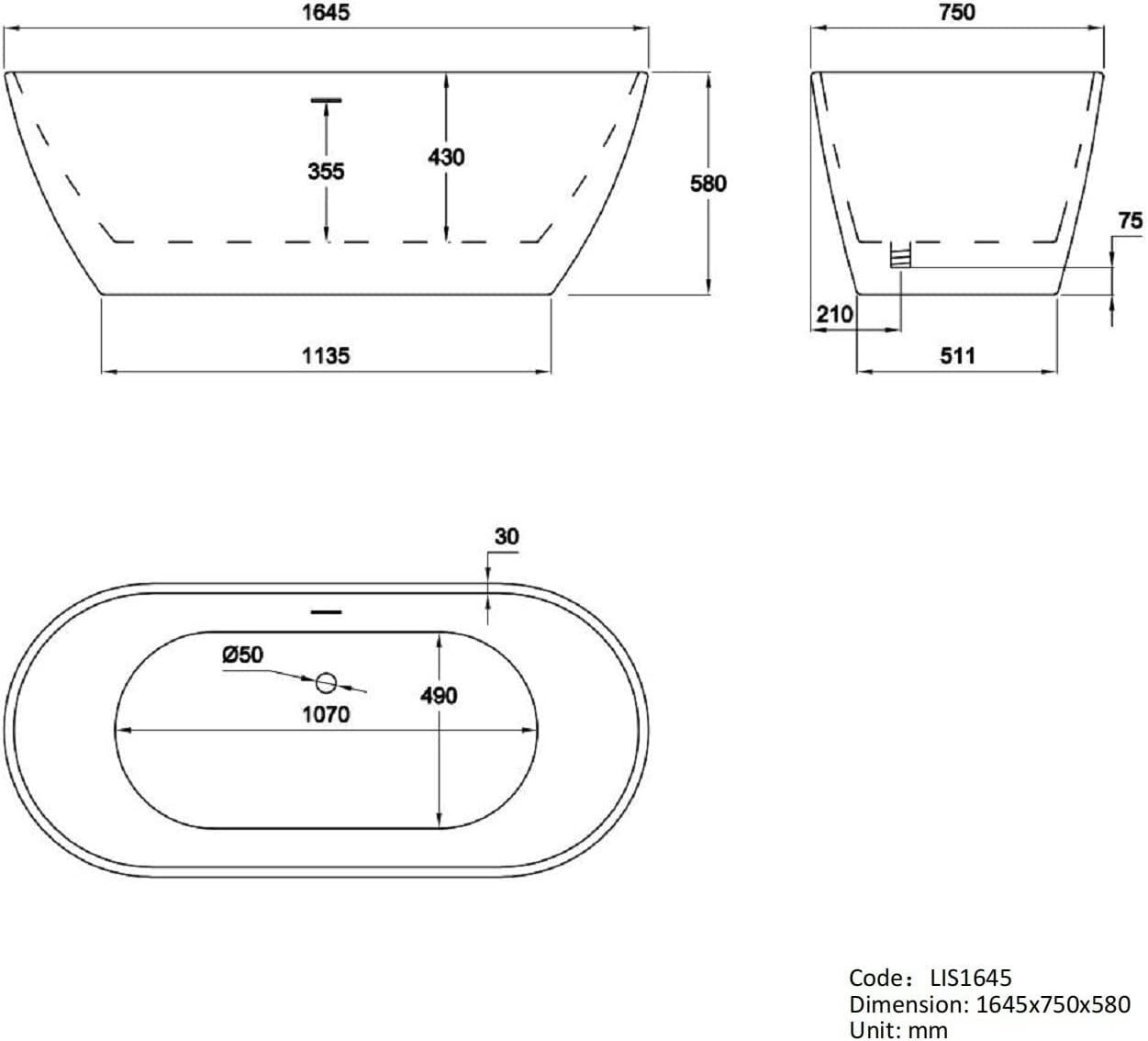 1650x750mm Freestanding Double Ended Bath White Acrylic Oval Modern