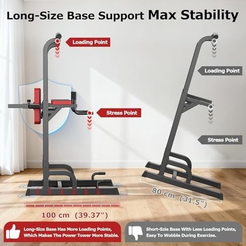 Black Power Tower Dip Station Pull-Up Bar Adjustable Home Gym