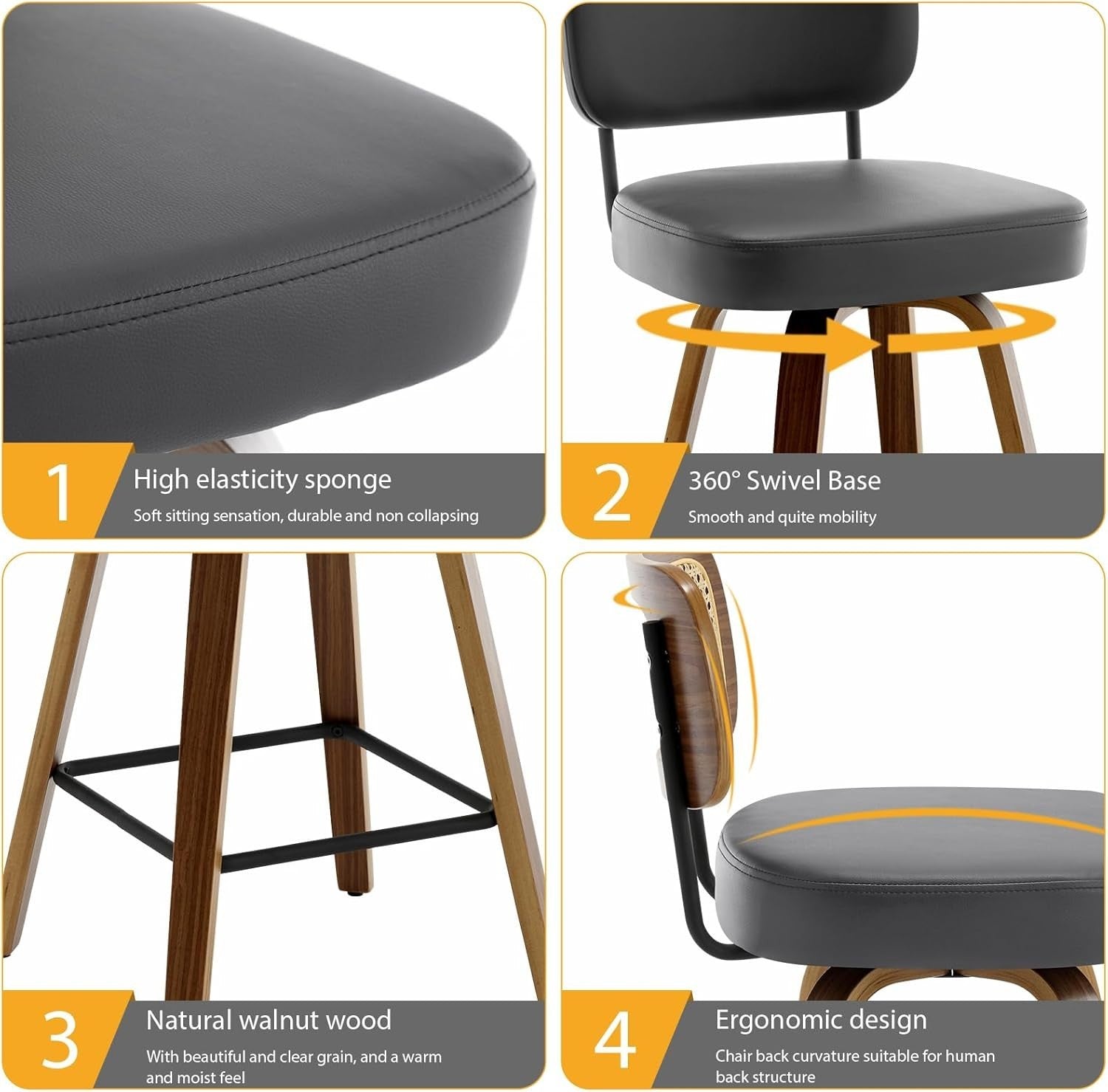 Swivel PU Leather Bar Stool | Wooden Frame Counter Chair with Back