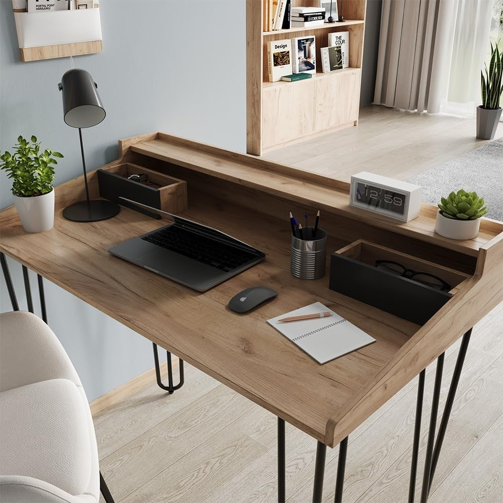 Oak & Black Office Desk with Drawers, 110 x 60 cm Modern Study Table