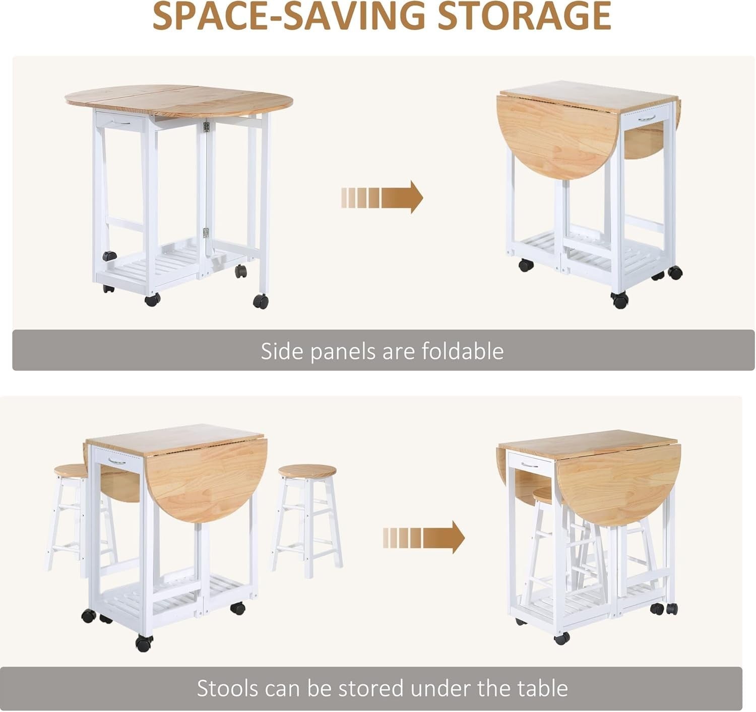 3-Piece Foldable Drop Leaf Dining Set with Stools White Modern Compact