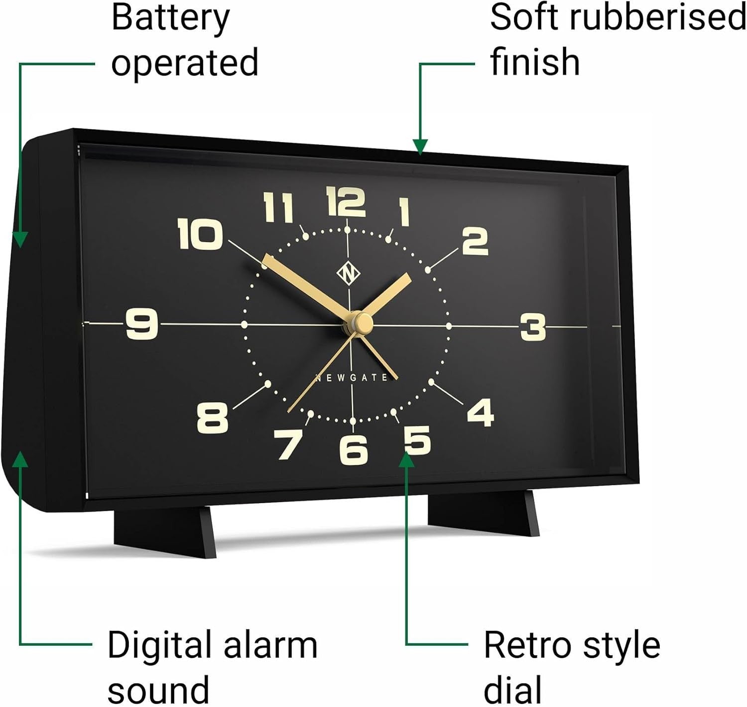 Retro Rectangular Alarm Clock Analogue Bedside Desk Mantel Black