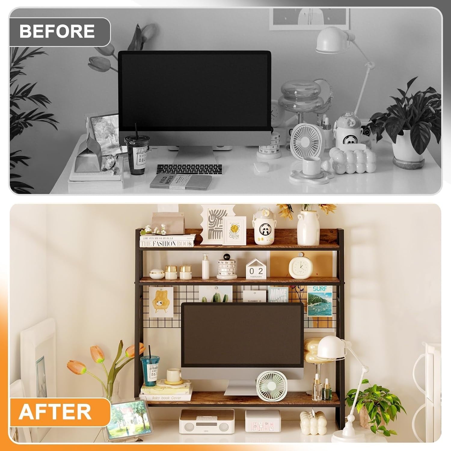 Black 2-Tier Desktop Bookshelf 95cm Space-Saving Desk Hutch Storage Rack