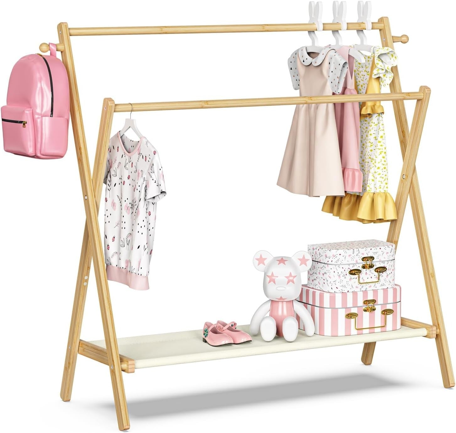 Large Bamboo Kids Clothing Rack Foldable Dress Up Rail with Shelf