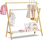 Large Bamboo Kids Clothing Rack Foldable Dress Up Rail with Shelf