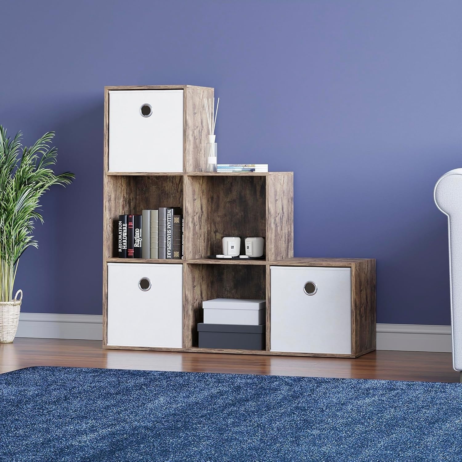 Dark Wood 6 Cube Staircase Storage Unit with 3 Baskets – Bookcase Shelf