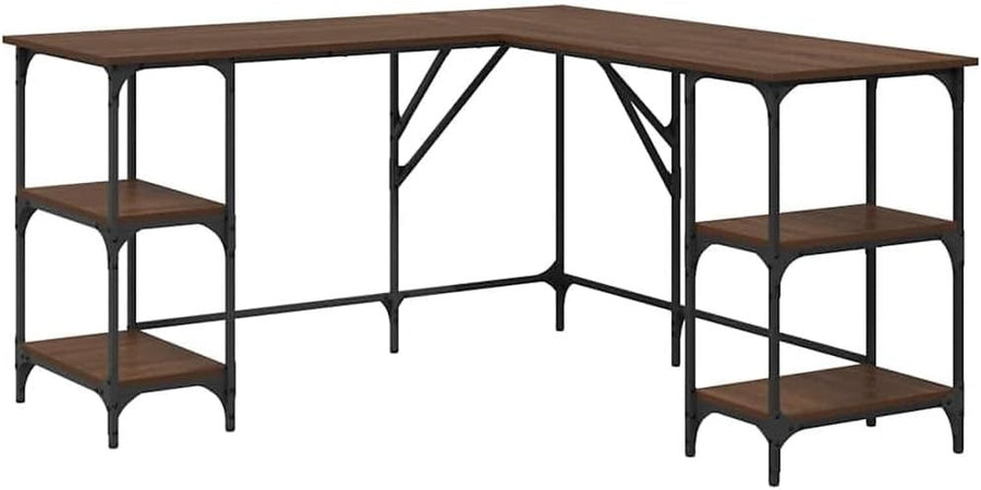 L-Shape Corner Desk with Shelves 139cm Brown Oak Home Office Computer Table