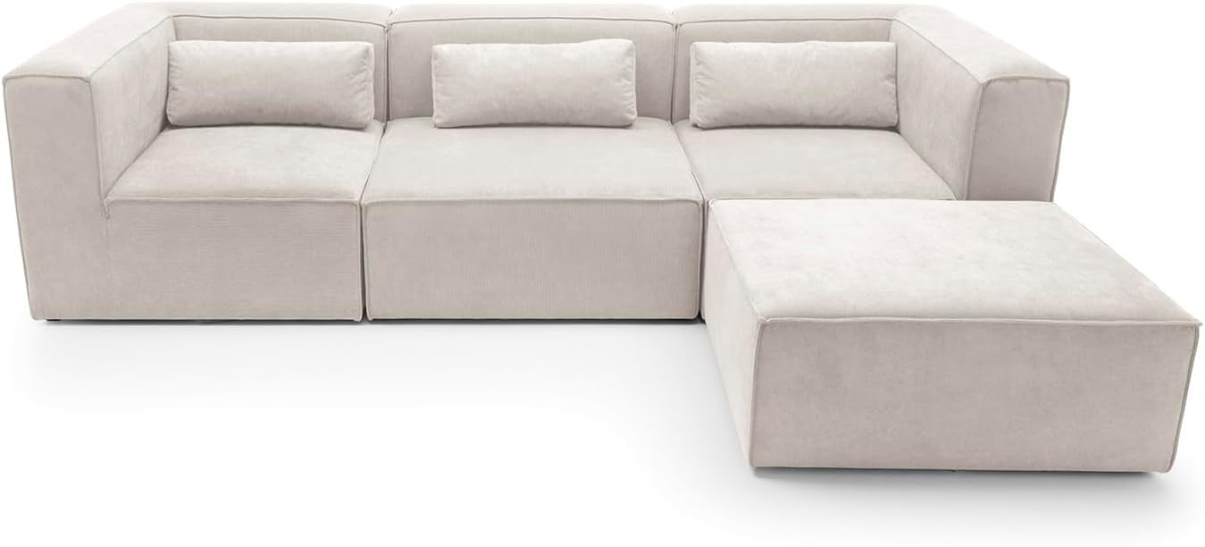 White Corner Sofa L Shape | Modular 4 Seater Chenille Sectional | Soft & Modern